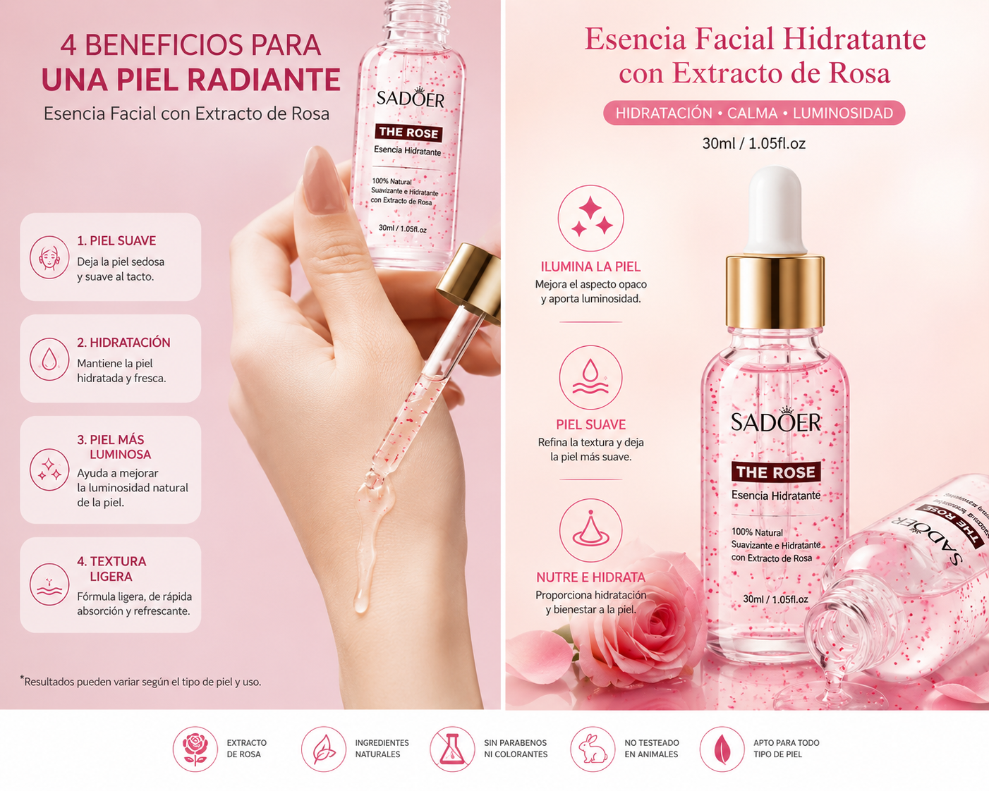 Esencia Facial Hidratante 100% Natural con Extracto de Rosa (30ml)