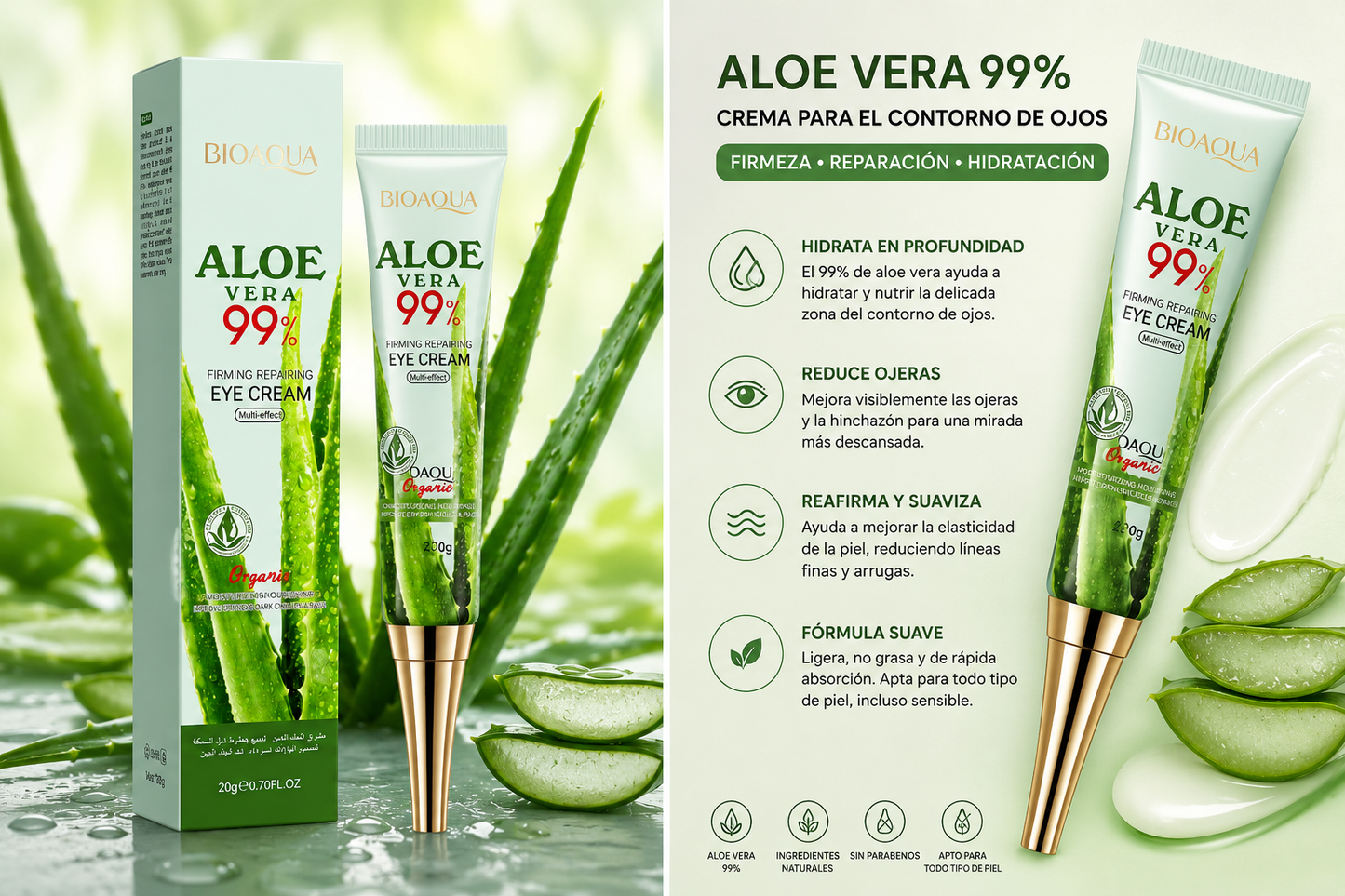 CONTORNO DE OJOS REPARADOR REAFIRMANTE ALOE VERA 99% 20GR. BIOAQUA